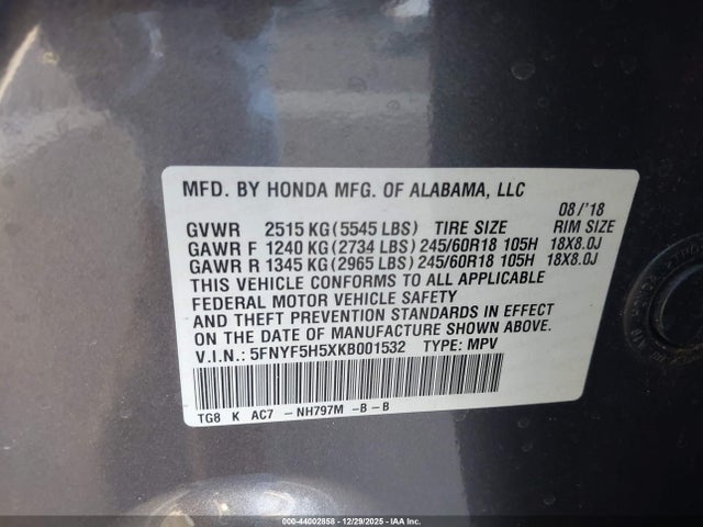 Honda j35y6 2019 5FNYF5H5XKB001532 Image 9