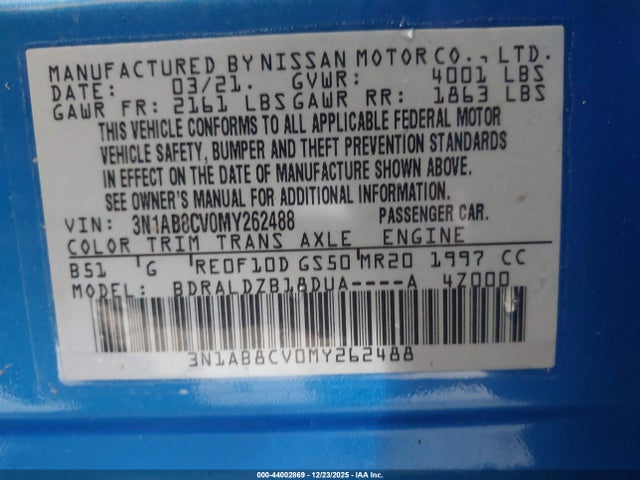 3N1AB8CV0MY262488 Nissan Sentra Sv Xtronic Cvt