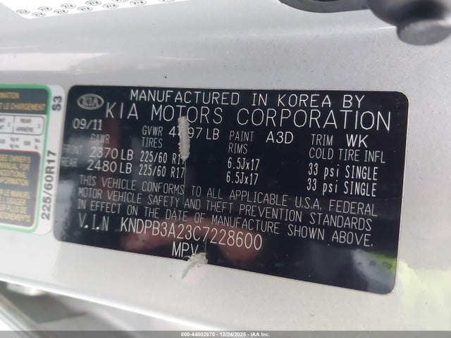 Продажа на аукционе авто 2012 Kia Sportage Lx, vin: KNDPB3A23C7228600, номер лота: 44002870
