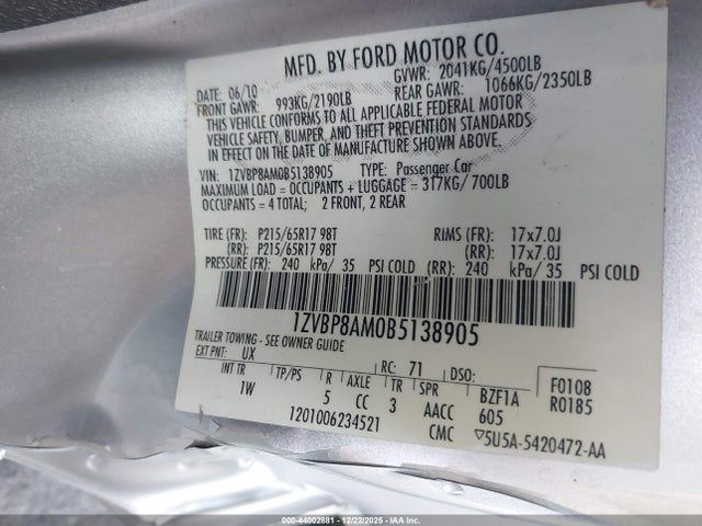 2011 FORD MUSTANG 1ZVBP8AM0B5138905 Photo 8