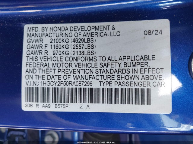 1HGCY2F50RA087296 Honda Accord Hybrid Sport