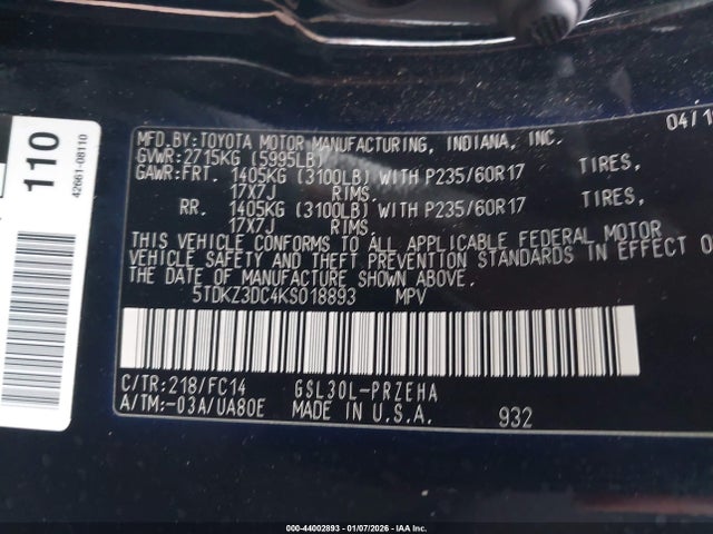 5TDKZ3DC4KS018893 Toyota Sienna Le 8 Passenger