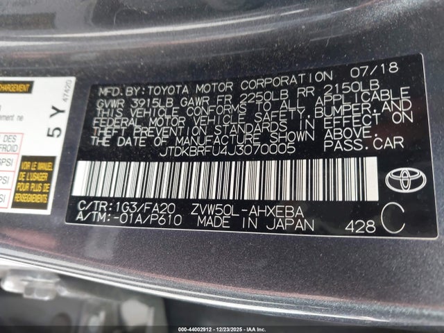 JTDKBRFU4J3070005 Toyota Prius Two