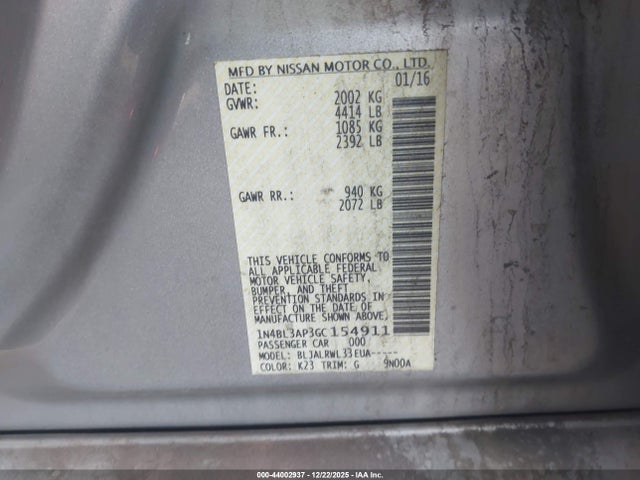 1N4BL3AP3GC154911 Nissan Altima 3.5 Sl/3.5 Sr