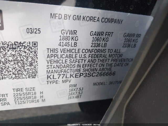 KL77LKEP3SC266666 Chevrolet Trax Fwd Activ