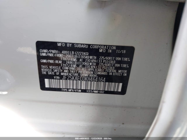 2019 Subaru Forester Premium მანქანა იყიდება აუქციონზე, vin: JF2SKAEC0KH464164, აუქციონის ნომერი: 44003022