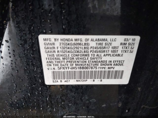 2011 HONDA PILOT 5FNYF4H51BB007875 Photo 8