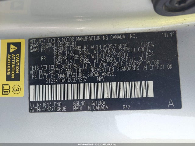 Продажа на аукционе авто 2012 Lexus Rx 350, vin: 2T2ZK1BA1CC071257, номер лота: 44003063