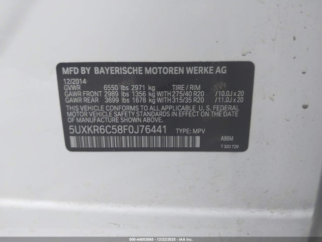 44003065 :رقم المزاد ، 5UXKR6C58F0J76441 vin ، 2015 Bmw X5 Xdrive50i مزاد بيع