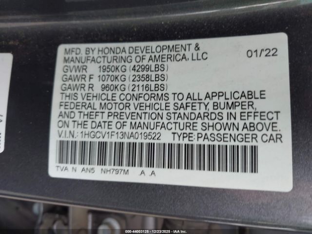 2022 HONDA ACCORD 1HGCV1F13NA019522 Photo 8