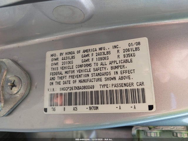 44003205 :رقم المزاد ، 1HGCP267X8A080049 vin ، 2008 Honda Accord 2.4 Ex مزاد بيع
