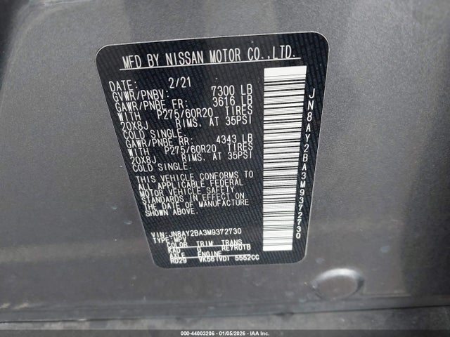 JN8AY2BA3M9372730 Nissan Armada Sl 2wd