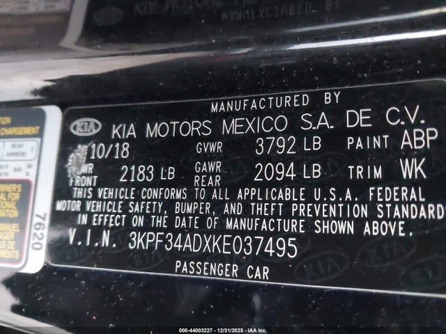 3KPF34ADXKE037495 KIA FORTE S