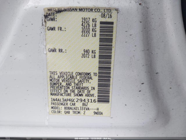 1N4AL3AP4GC294316 Nissan Altima 2.5 Sr