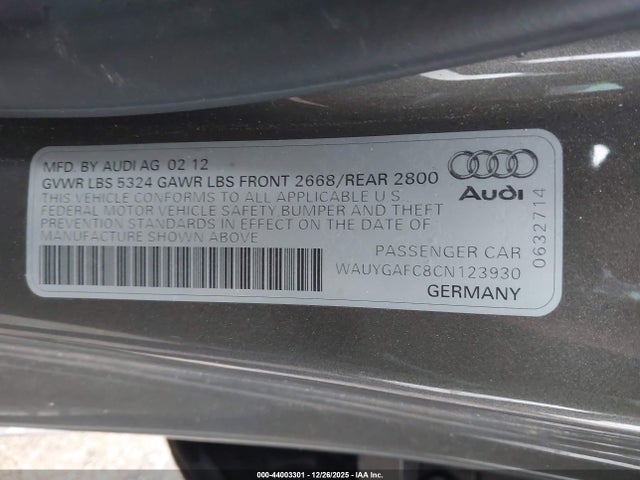 2012 Audi A7 Premium მანქანა იყიდება აუქციონზე, vin: WAUYGAFC8CN123930, აუქციონის ნომერი: 44003301