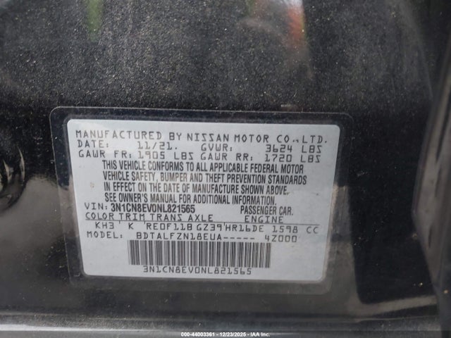 Aukcja sprzedaży 2022 Nissan Versa 1.6 Sv Xtronic Cvt, vin: 3N1CN8EV0NL821565, numer aukcji: 44003361