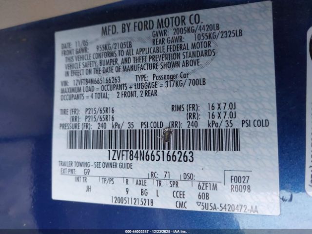 2006 FORD MUSTANG 1ZVFT84N665166263 Photo 8