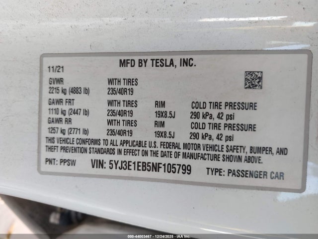 2022 TESLA MODEL 3 5YJ3E1EB5NF105799 Photo 8