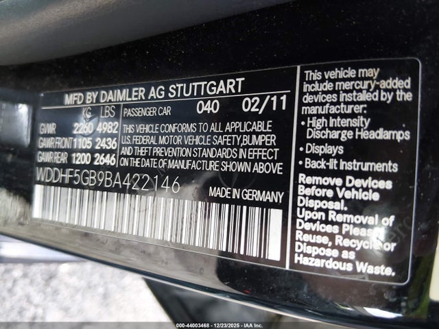 2011 Mercedes-benz E 350 მანქანა იყიდება აუქციონზე, vin: WDDHF5GB9BA422146, აუქციონის ნომერი: 44003468