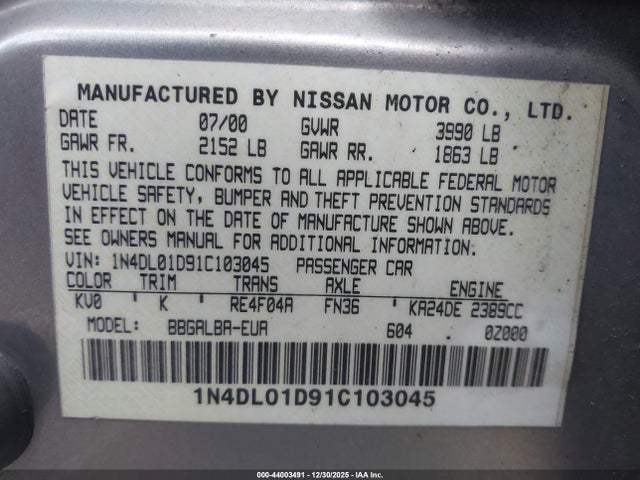 2001 NISSAN ALTIMA 1N4DL01D91C103045 Photo 8