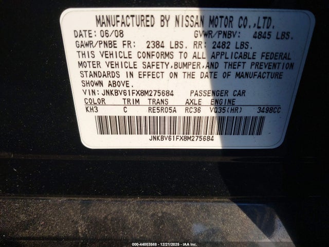 44003588 :رقم المزاد ، JNKBV61FX8M275684 vin ، 2008 Infiniti G35x مزاد بيع