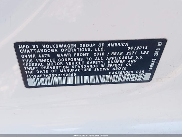 44003685 :رقم المزاد ، 1VWAP7A33DC122869 vin ، 2013 Volkswagen Passat 2.5l S مزاد بيع