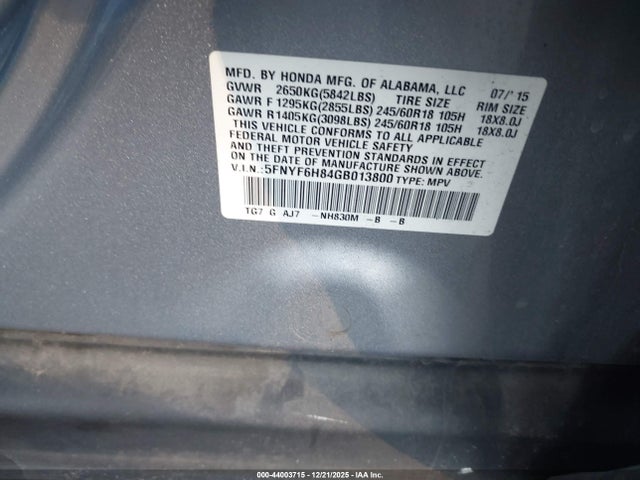 2016 Honda Pilot Ex-l მანქანა იყიდება აუქციონზე, vin: 5FNYF6H84GB013800, აუქციონის ნომერი: 44003715