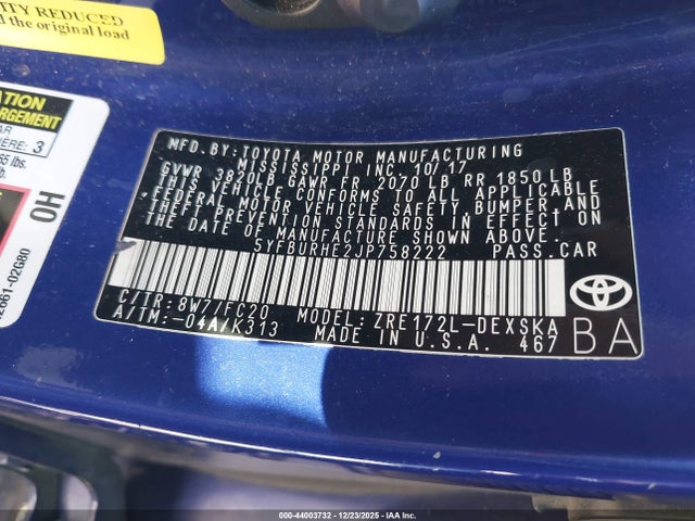 Toyota COROLLA SE 2018 5YFBURHE2JP758222 Image 9