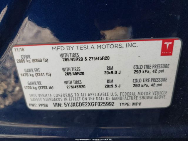2016 TESLA MODEL X 5YJXCDE2XGF025992 Photo 8