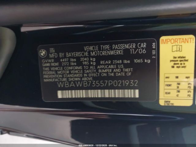 2007 BMW 335I WBAWB73557P021932 Photo 8