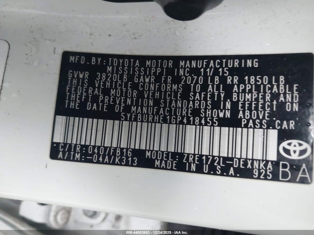 5YFBURHE1GP418455 Toyota Corolla Le Plus