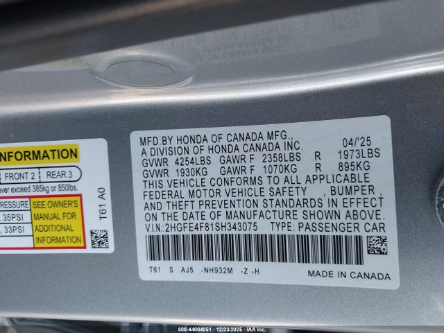 Honda CIVIC HYBRID 2025 2HGFE4F81SH343075 Image 9