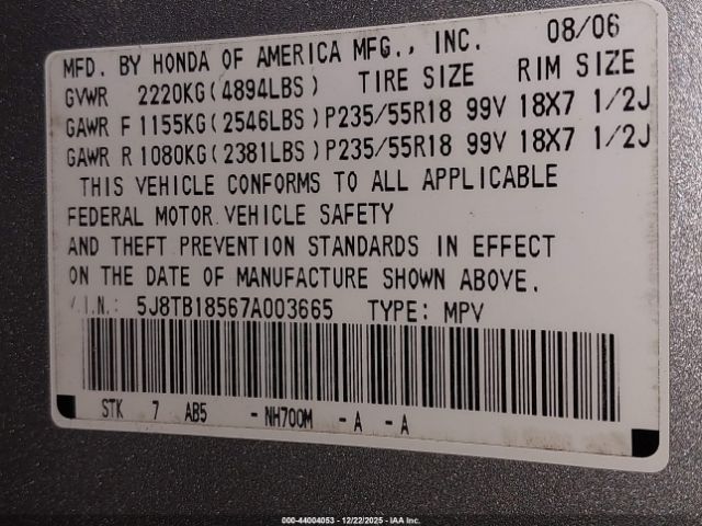 2007 ACURA RDX 5J8TB18567A003665 Photo 8