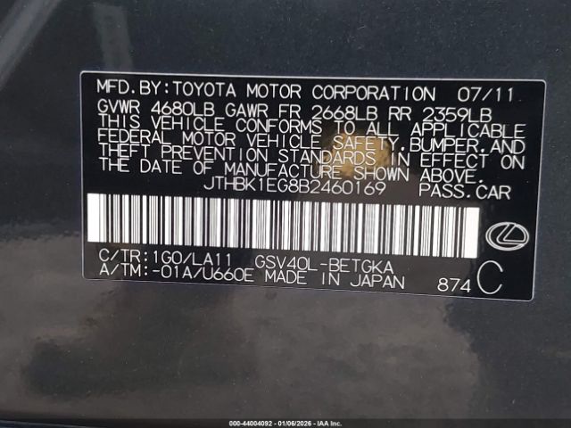2011 LEXUS ES 350 JTHBK1EG8B2460169 Photo 8