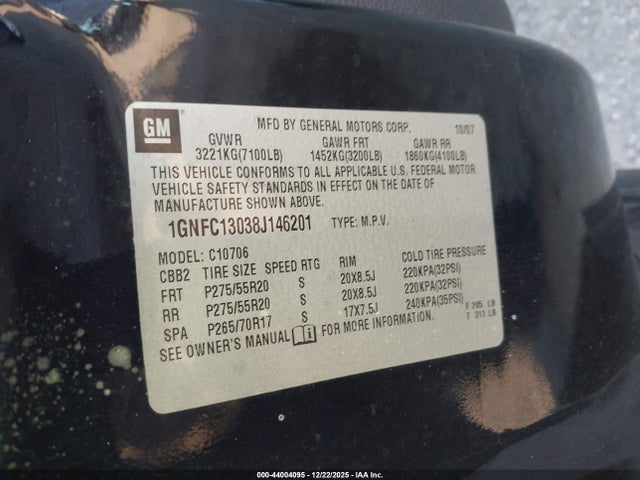 44004095 :رقم المزاد ، 1GNFC13038J146201 vin ، 2008 Chevrolet Tahoe Lt مزاد بيع