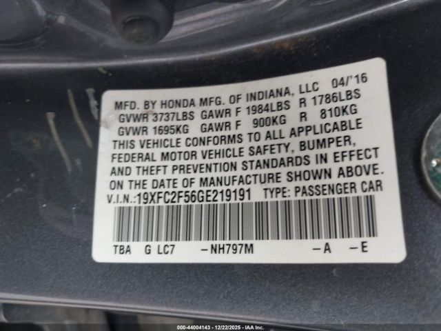2016 HONDA CIVIC 19XFC2F56GE219191 Photo 8