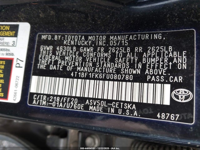 Aukcja sprzedaży 2015 Toyota Camry Se, vin: 4T1BF1FK6FU080780, numer aukcji: 44004151