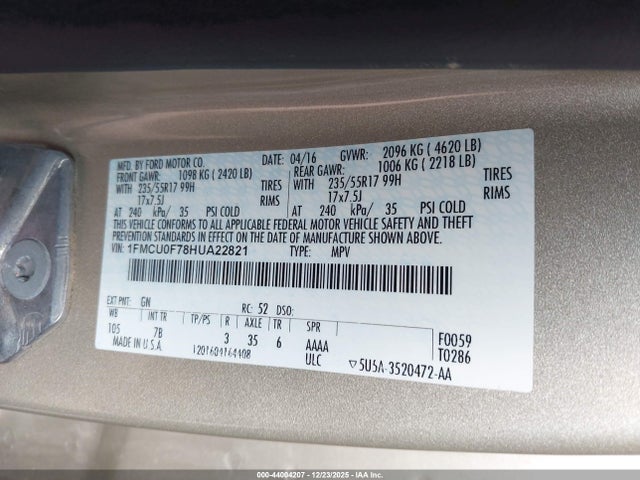 1FMCU0F78HUA22821 Ford ESCAPE S