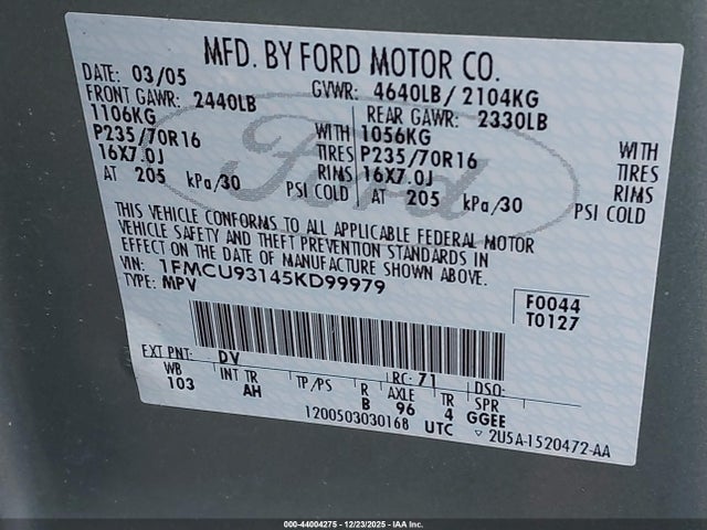 2005 Ford Escape Xlt მანქანა იყიდება აუქციონზე, vin: 1FMCU93145KD99979, აუქციონის ნომერი: 44004275