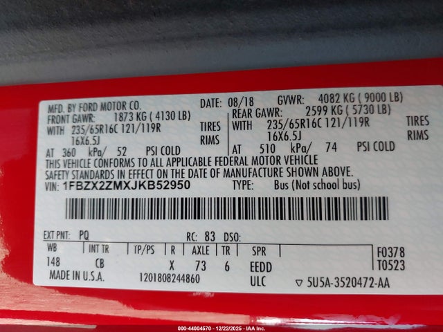 1FBZX2ZMXJKB52950 Ford Transit-350 Xl