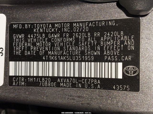2020 TOYOTA CAMRY 4T1K61AK5LU351959 Photo 8