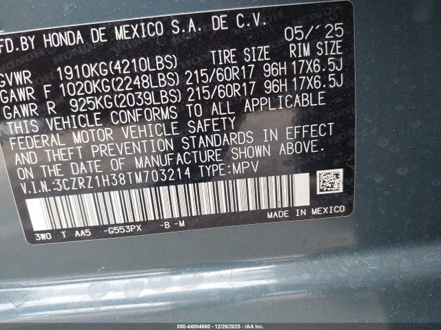 3CZRZ1H38TM703214 Honda Hr-v 2wd Lx