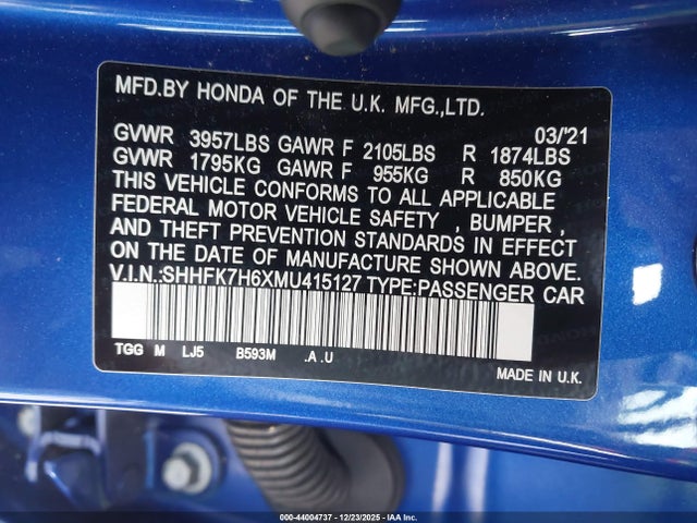 SHHFK7H6XMU415127 Honda CIVIC EX
