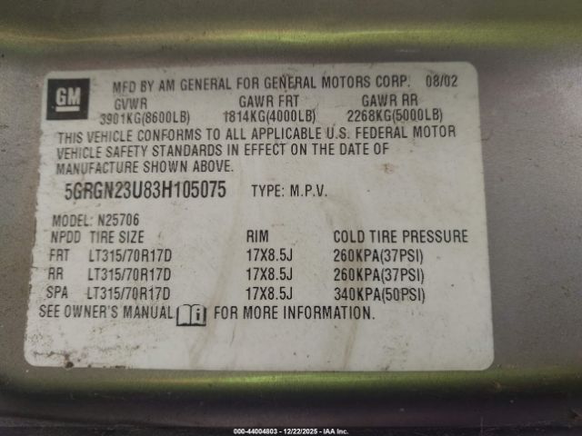 2003 HUMMER H2 5GRGN23U83H105075 Photo 8