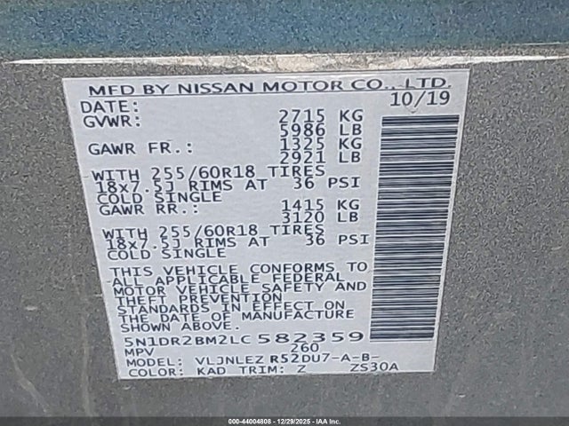 Nissan Pathfinder Sv 4wd 2020 5N1DR2BM2LC582359 Image 9