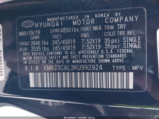 KM8J3CAL3KU992924 Hyundai Tucson Sport
