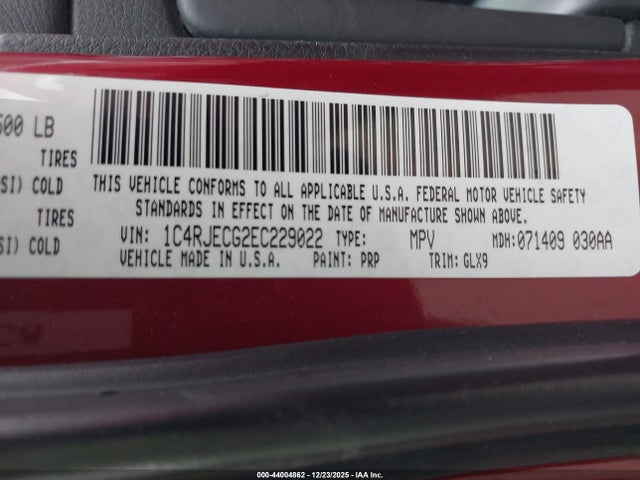 2014 Jeep Grand Cherokee Overland მანქანა იყიდება აუქციონზე, vin: 1C4RJECG2EC229022, აუქციონის ნომერი: 44004862