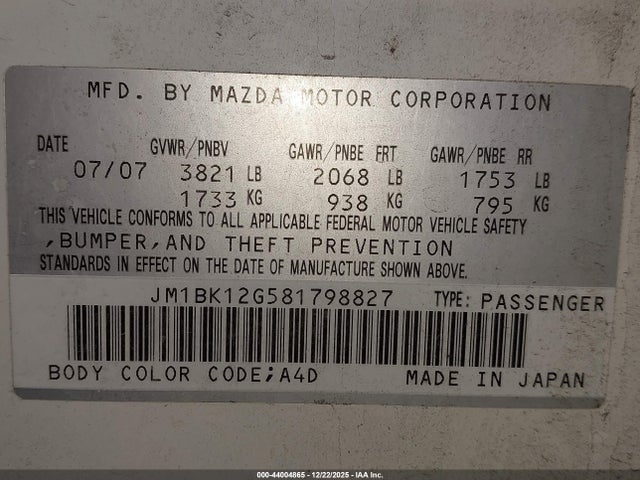 44004865 :رقم المزاد ، JM1BK12G581798827 vin ، 2008 Mazda Mazda3 I Sport مزاد بيع