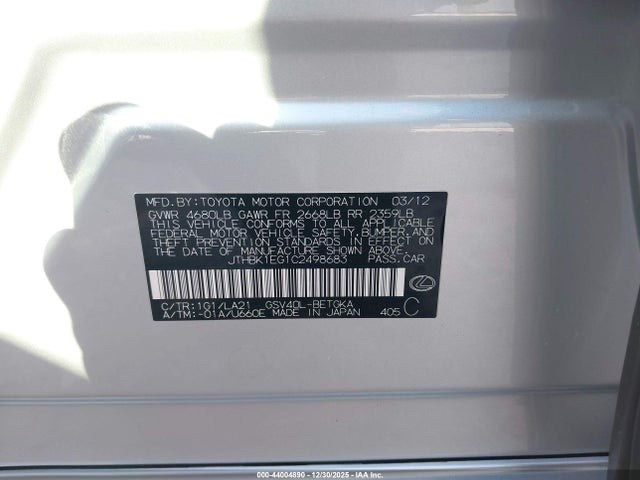 Aukcja sprzedaży 2012 Lexus Es 350, vin: JTHBK1EG1C2498683, numer aukcji: 44004890