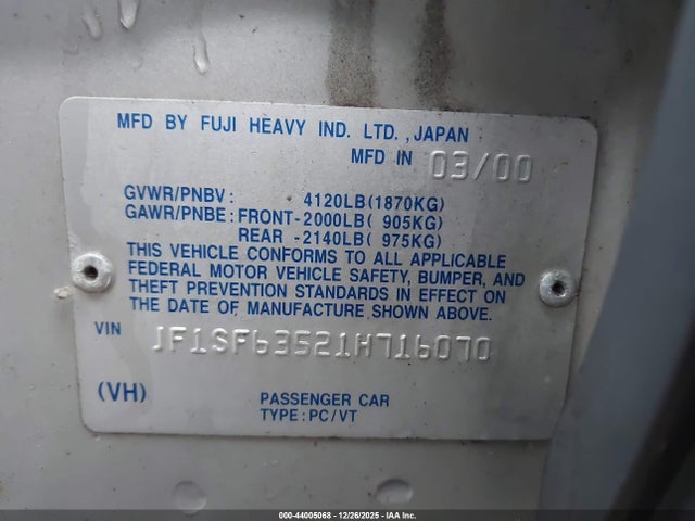 Продаж на аукціоні авто 2001 Subaru Forester L, vin: JF1SF63521H716070, номер лоту: 44005068